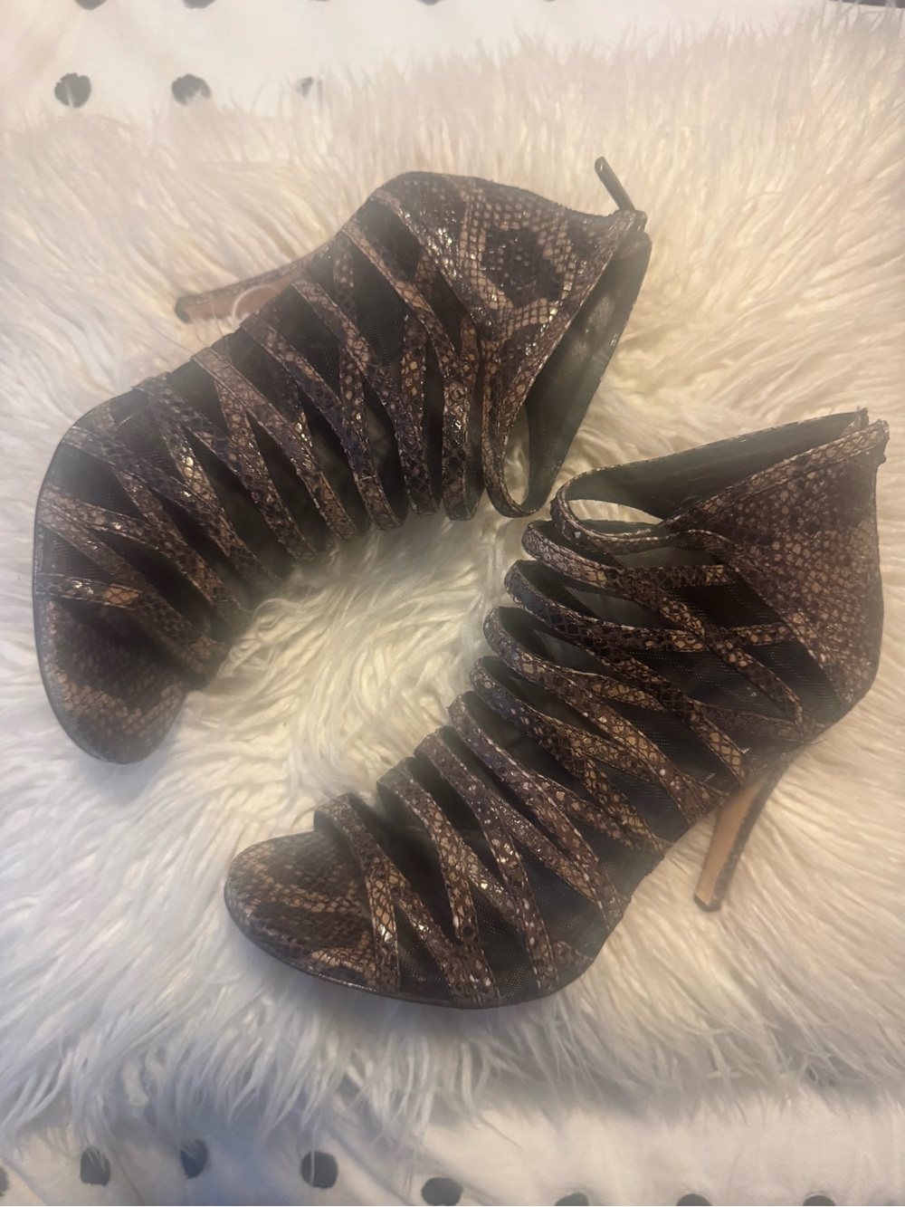 DKNY Snakeskin Print Mesh Cage Strappy Stiletto Sandal Booties 8.5
